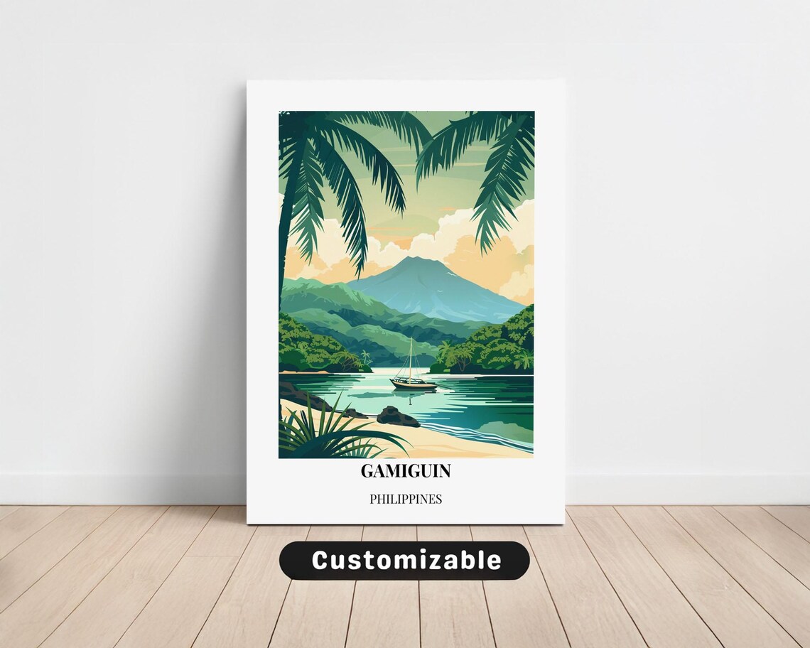 Gamiguin Philippines Palm Lagoon Sailboat Vintage Travel Art Poster
