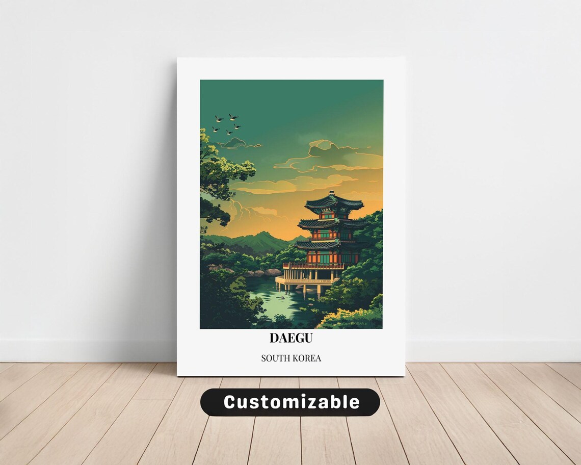 Daegu South Korea Pagoda Lake Mirror Sunset Custom Travel Poster