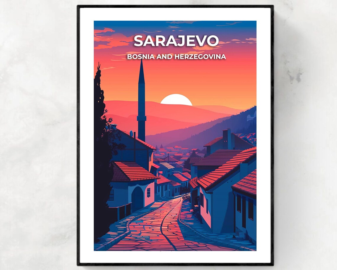 Sarajevo Bosnia Sunset Minaret Old Town Vintage Travel Poster