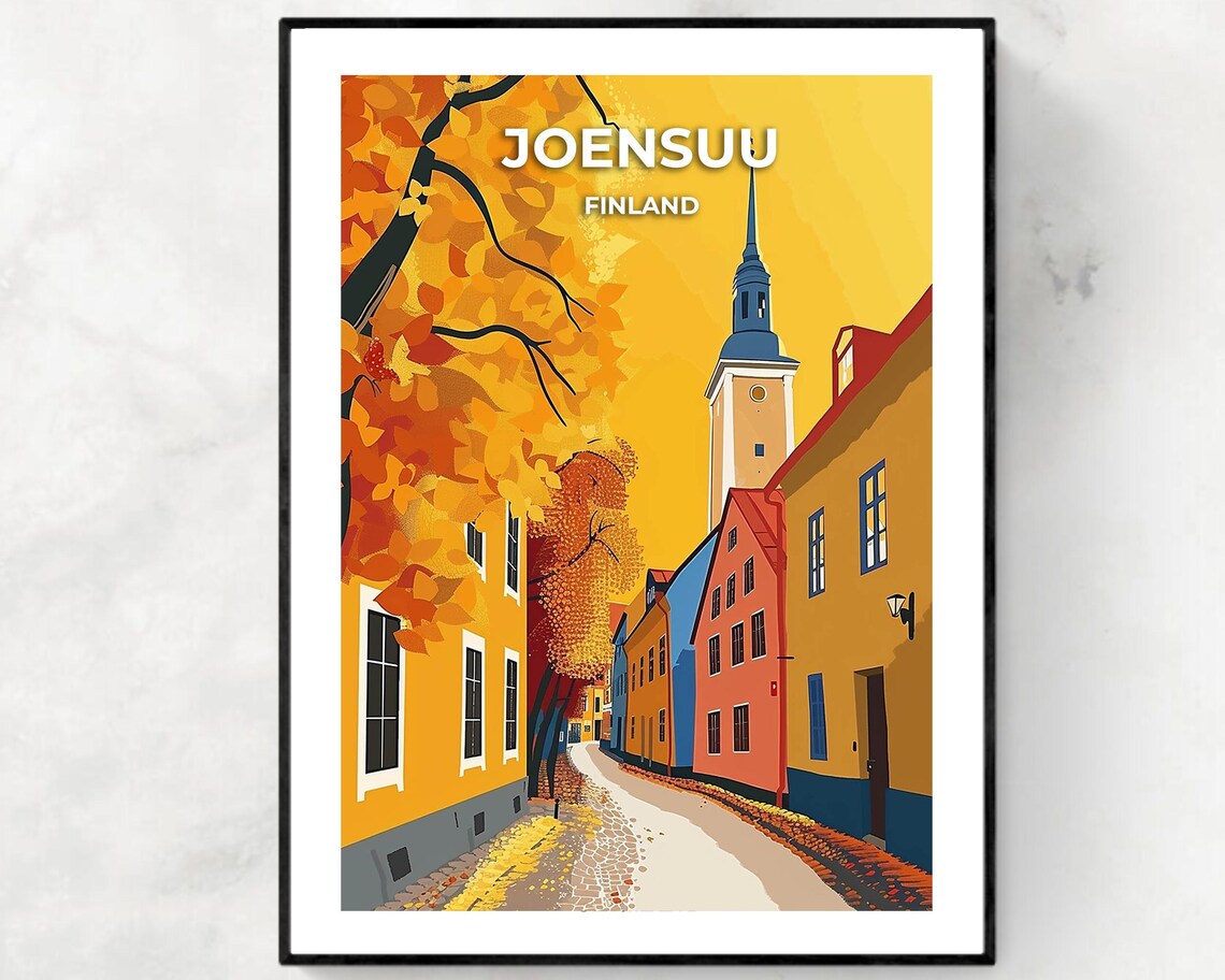 Joensuu Finland Autumn Street Church Spire Fall Travel Poster