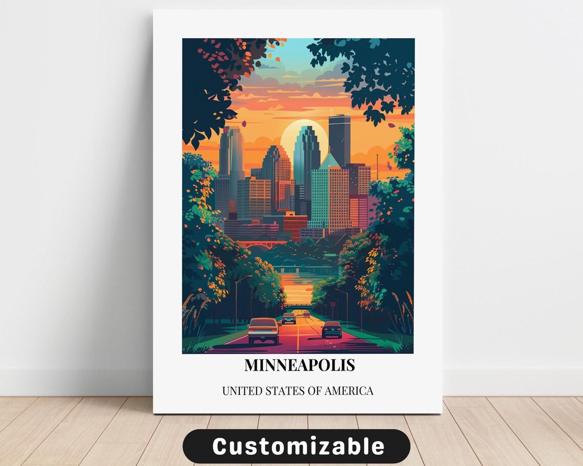 Minneapolis USA Retro Skyline Sunset City Vintage Travel Poster