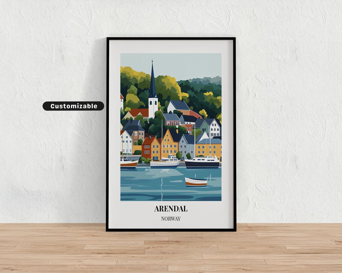 Arendal Norway Colorful Harbor Boats Coastal Town Travel Poster