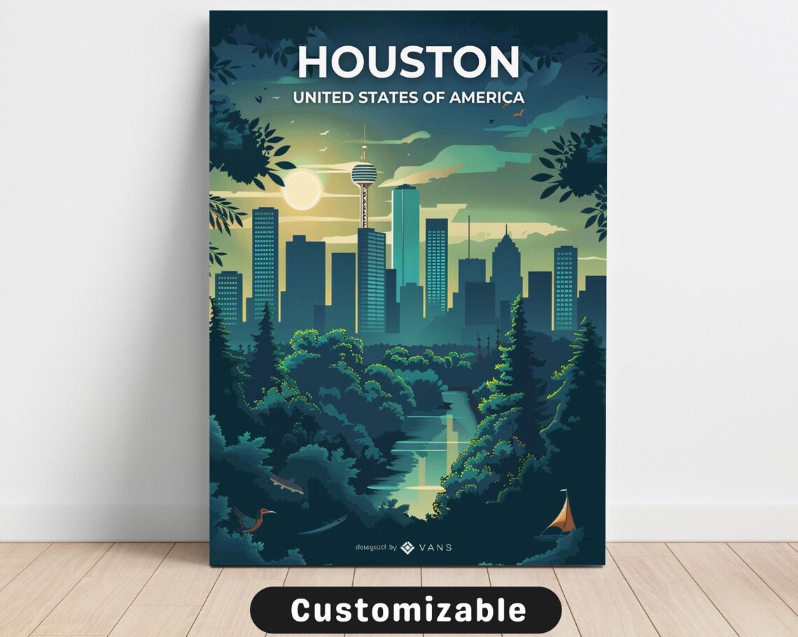 Houston Texas Skyline at Night Retro Travel Poster Cityscape