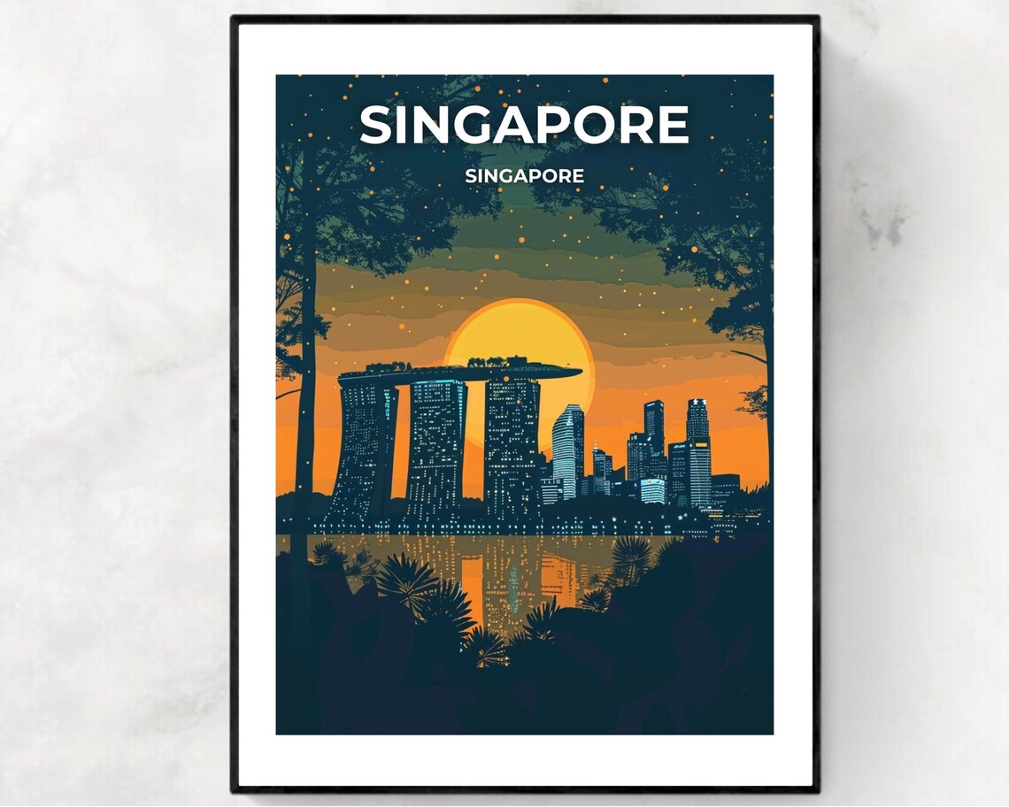 Singapore Marina Bay Sands Night Skyline City Lights Travel Poster