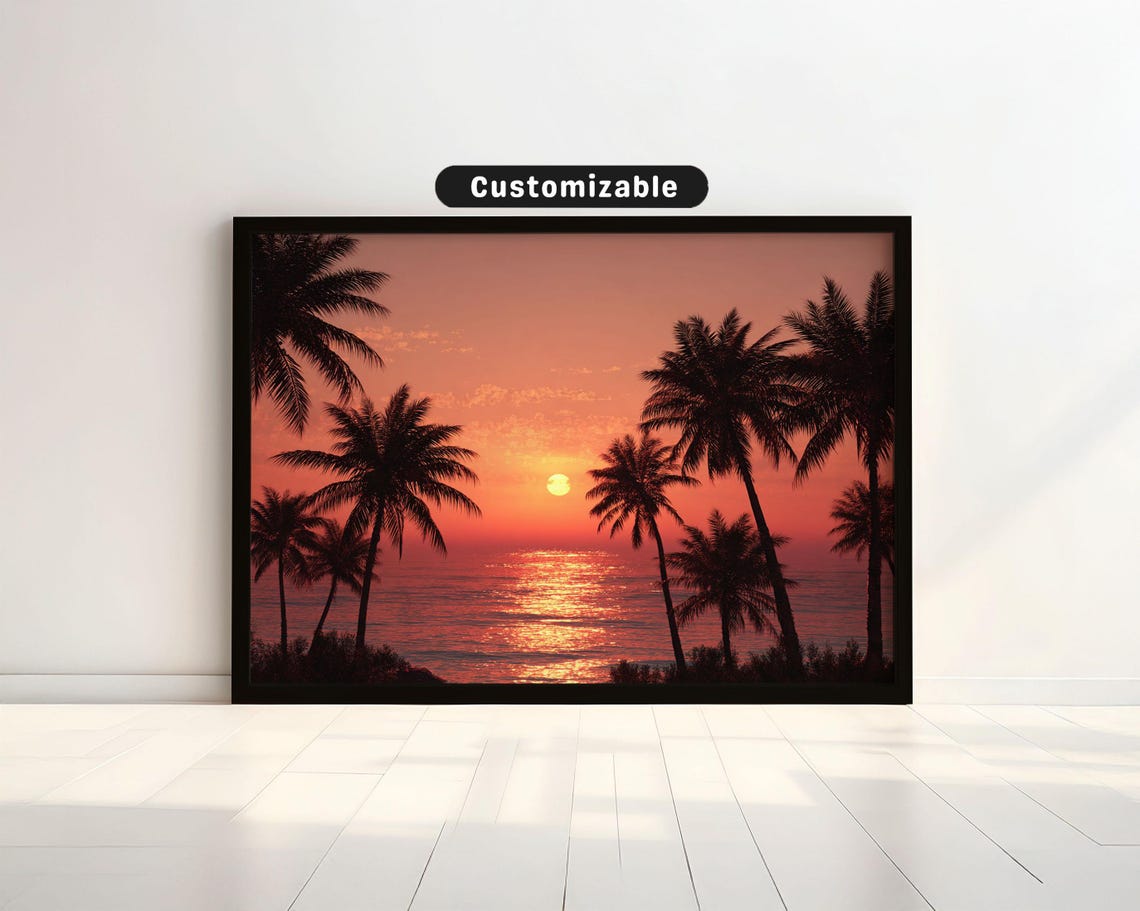 Tropical Sunset Palm Silhouettes Ocean Glow Scenic Art Poster