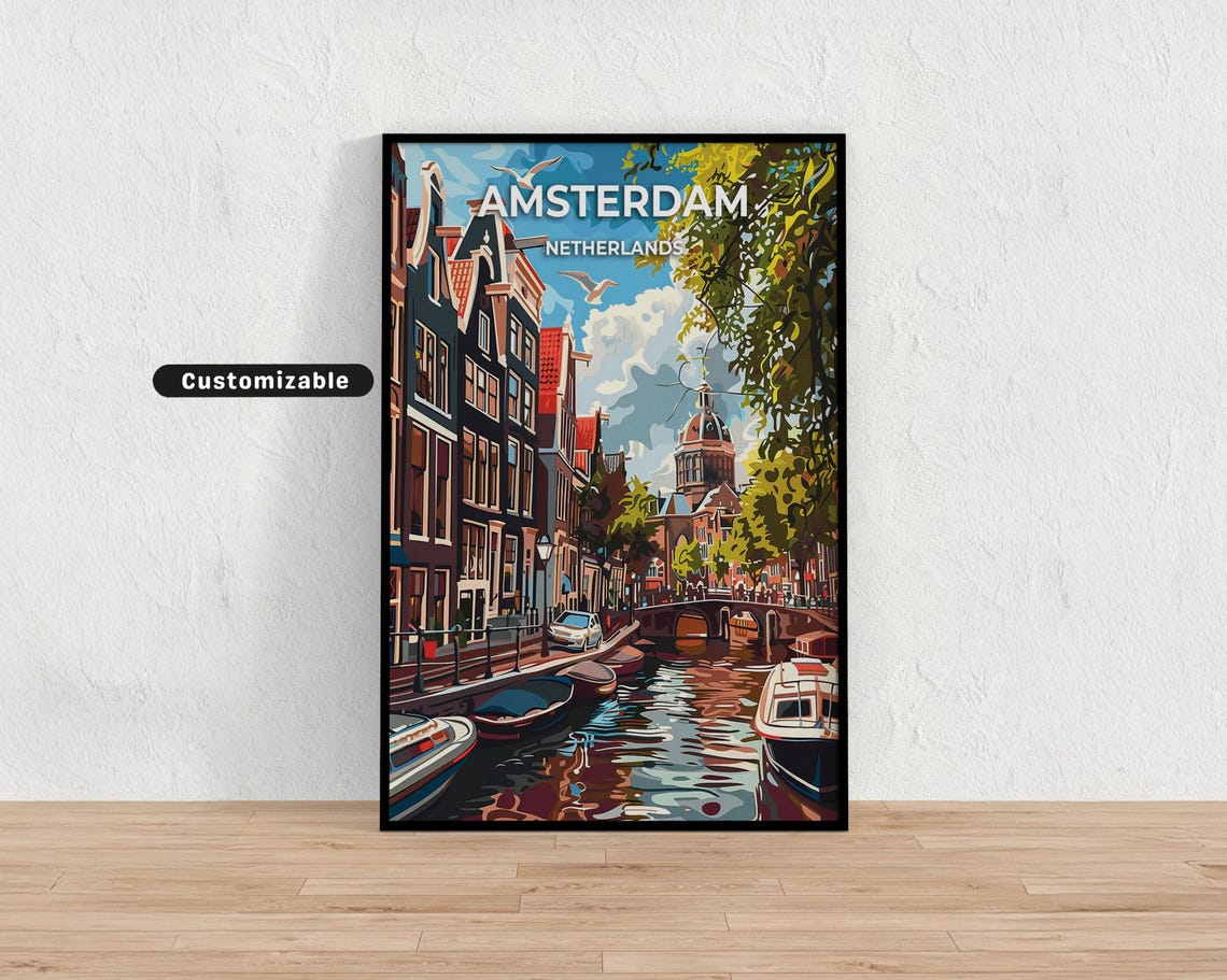 Amsterdam Netherlands Canal Bridge Seagulls Retro Travel Poster