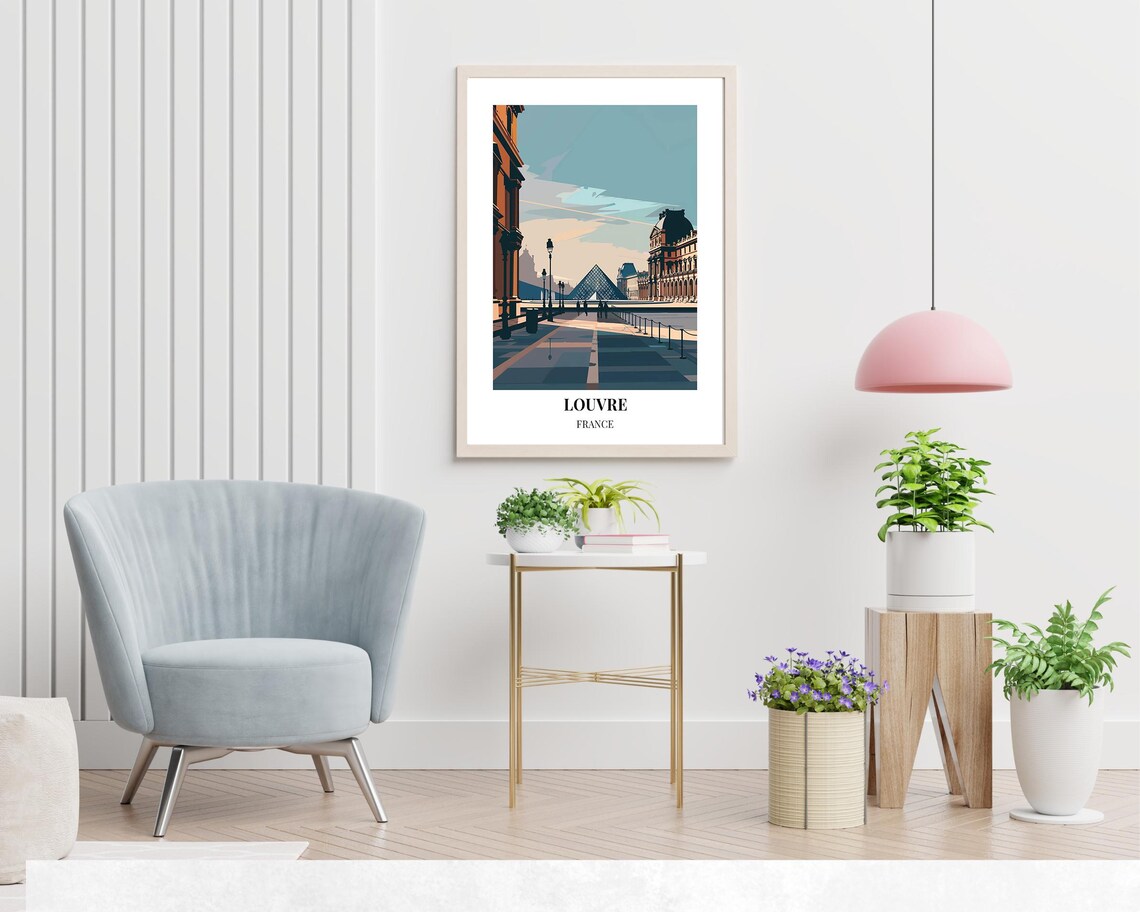 Louvre France Twilight Courtyard Poster with Glass Pyramid and Lanterns - Image 2