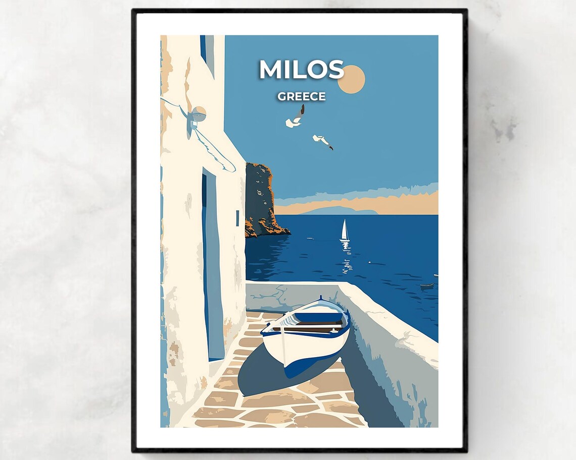 Milos Greece Whitewashed Village Aegean Coast Sailboat Poster