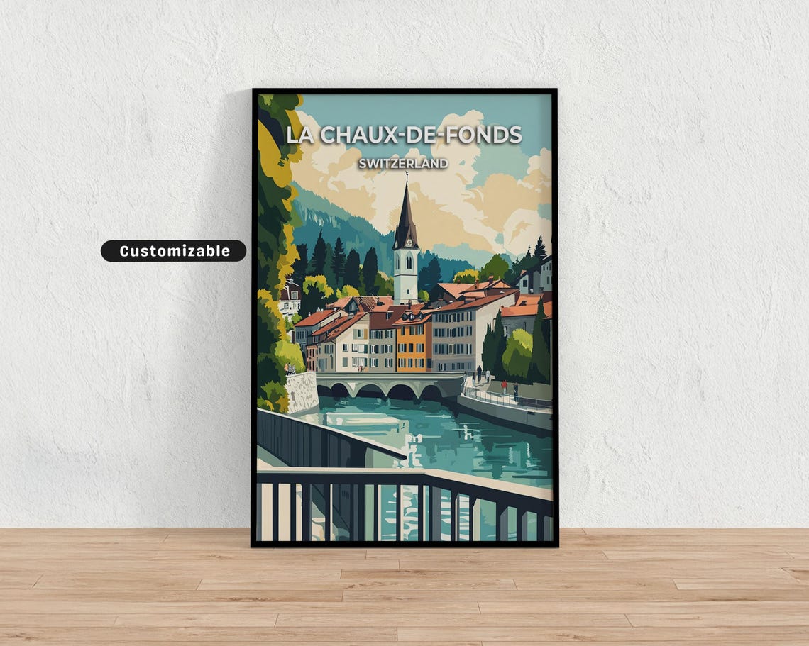 La Chaux-de-Fonds Switzerland River Bridge Bold Graphic Travel Poster