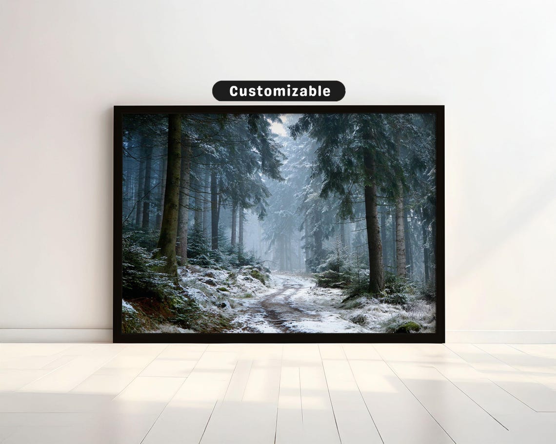 Quiet Snow Covered Forest Path With Morning Mist Winter Travel Poster