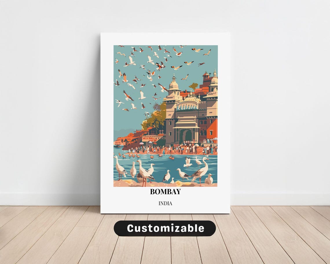 Bombay India Temple Lakeside Seagulls Steps Vintage Travel Poster