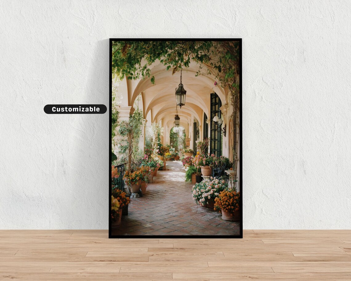 Spanish Veranda Arched Corridor Lanterns Flowers Elegant Travel Poster