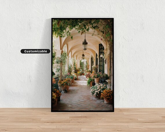 Spanish Veranda Arched Corridor Lanterns Flowers Elegant Travel Poster