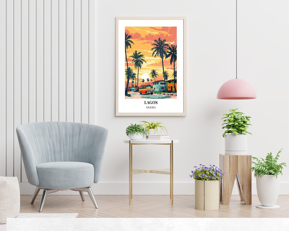 Lagos Nigeria Palm Tree Sunset Coastal Street Colorful Scene Poster - Image 2