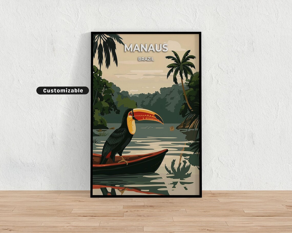 Manaus Brazil Toucan Amazon River Jungle Vintage Travel Poster