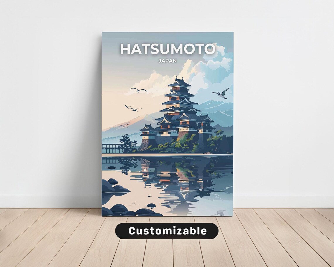 Hatsumoto Japan Castle Lake Reflection Sunset Illustration Poster