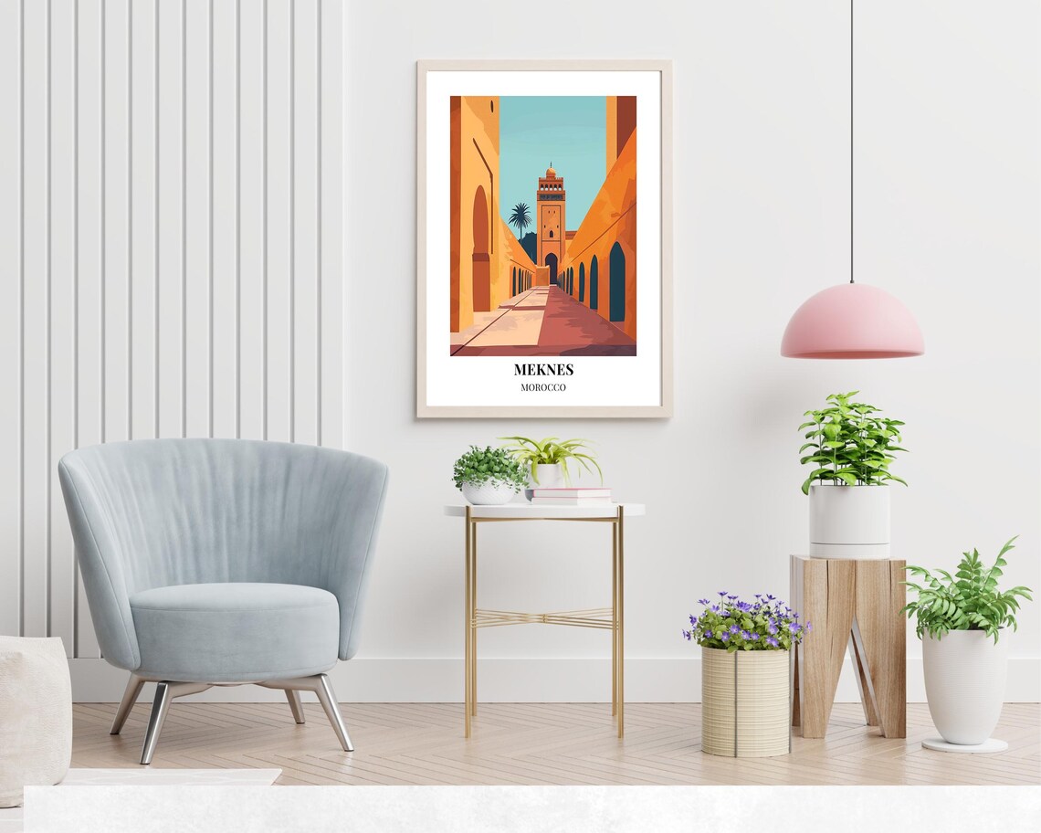 Meknes Morocco Minaret Street Ochre Walls Vintage-Style Travel Poster - Image 2