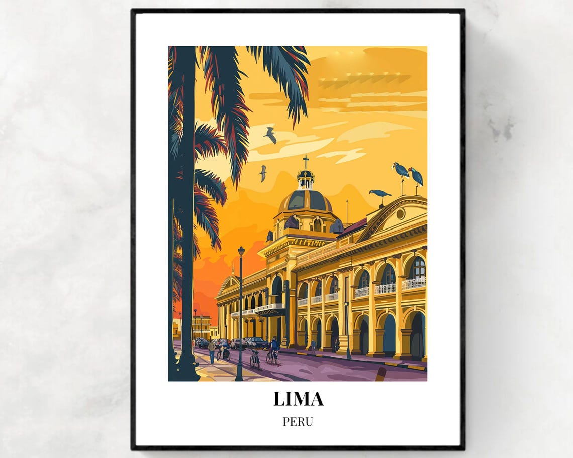 Vibrant Sunset View Of Historic Lima Cathedral With Palm Trees Poster