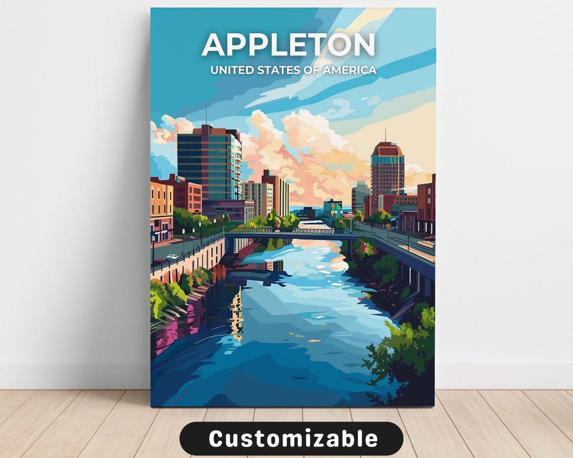 Appleton Wisconsin City River Sunset Skyline Vintage Travel Poster
