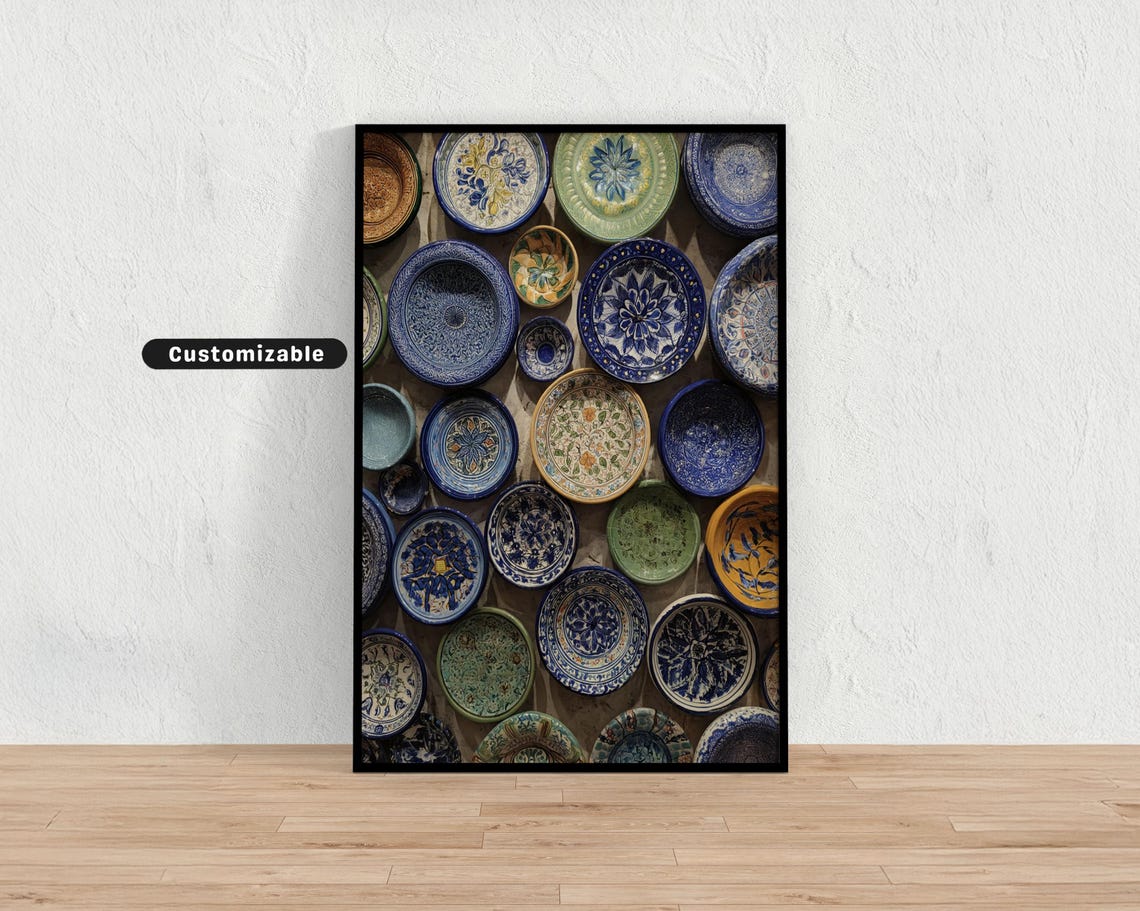 Handpainted Mediterranean Ceramic Plate Wall Maximalist Boho Print