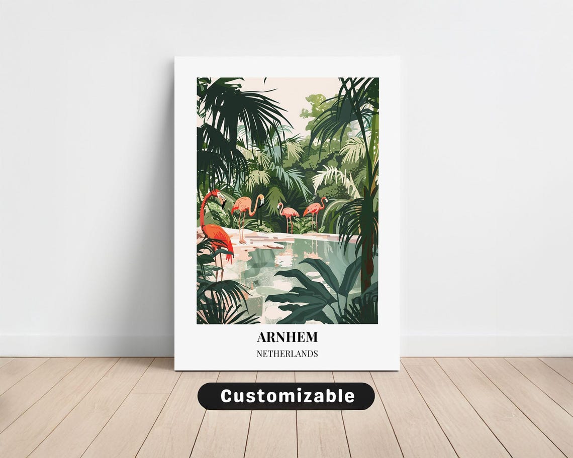 Arnhem Netherlands Pink Flamingos Tropical Lagoon Travel Poster