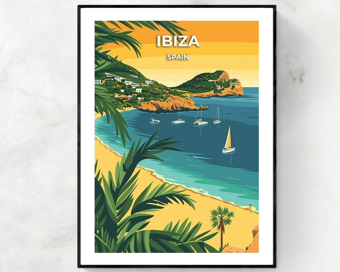 Ibiza Spain Sunset Beach Sailboats and Island Coastline Travel Poster
