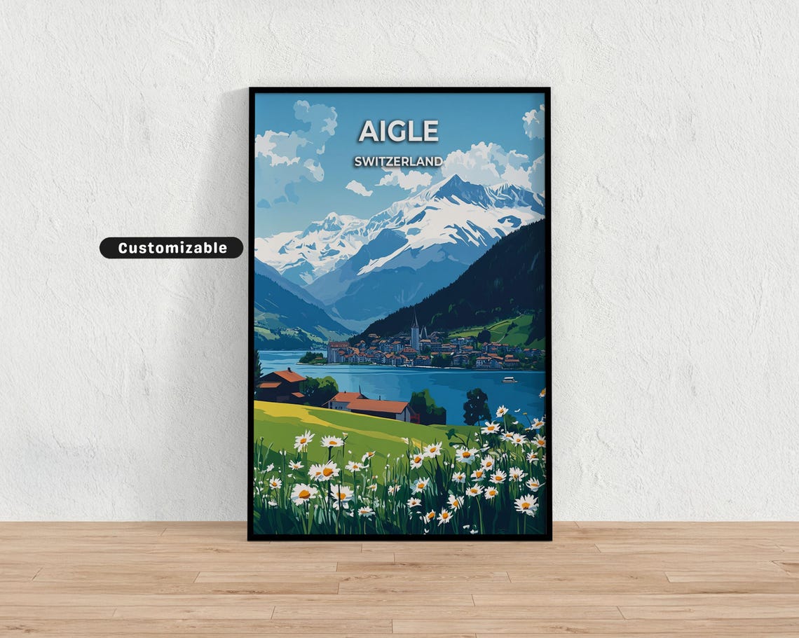 Aigle Switzerland Lake and Alpine Daisy Meadow Travel Poster