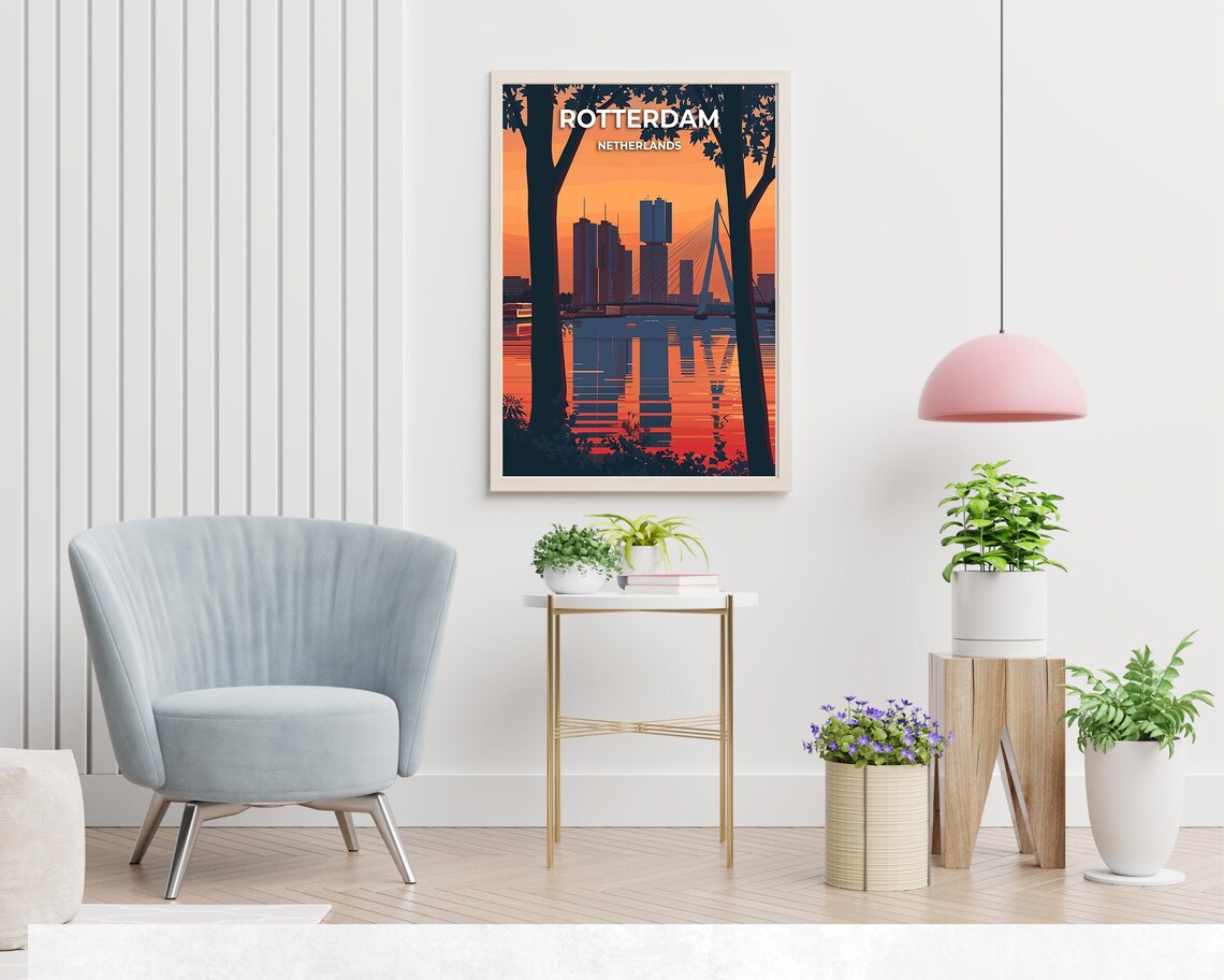 Rotterdam Netherlands Erasmus Bridge Sunset Skyline Travel Poster - Image 2