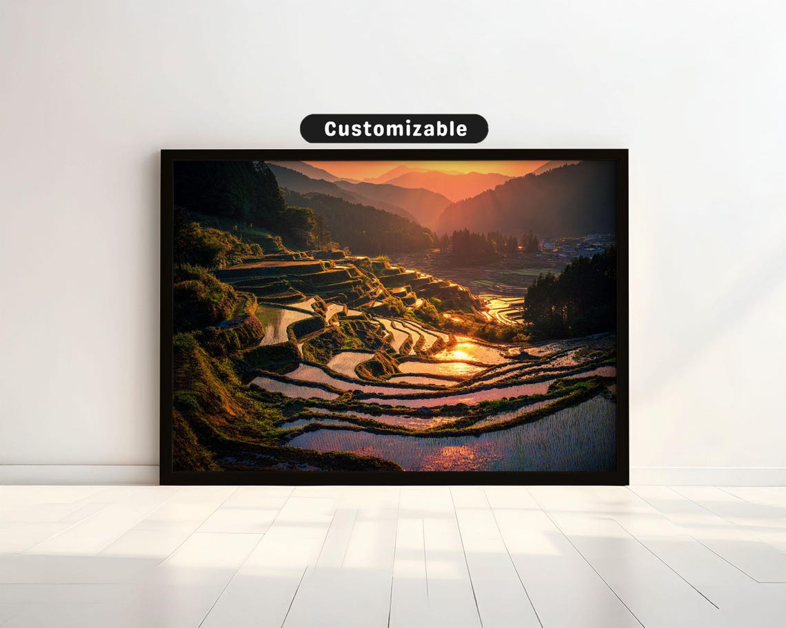 Glowing Rice Terraces Sunset Golden Light Japan Countryside Poster