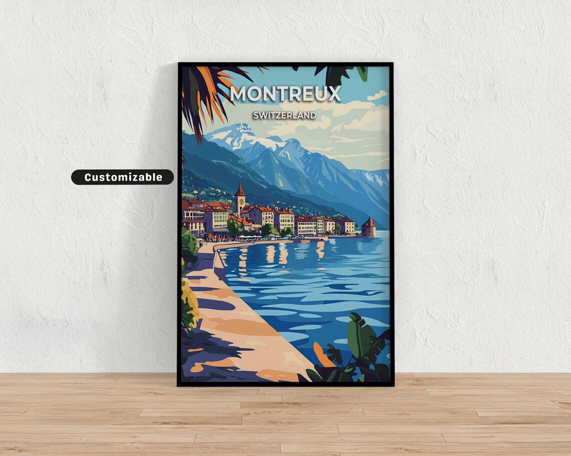 Montreux Switzerland Lake Promenade Palms Mountain Lakefront Poster