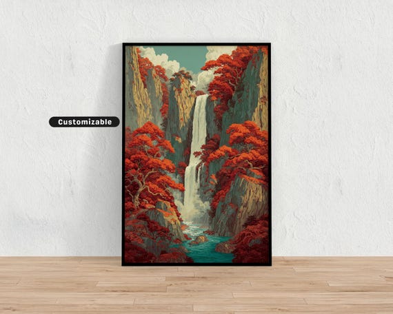 Tall Waterfall In Stylized Japanese Print Style With Vibrant Cliffs Wall Art Zen Asian Decor