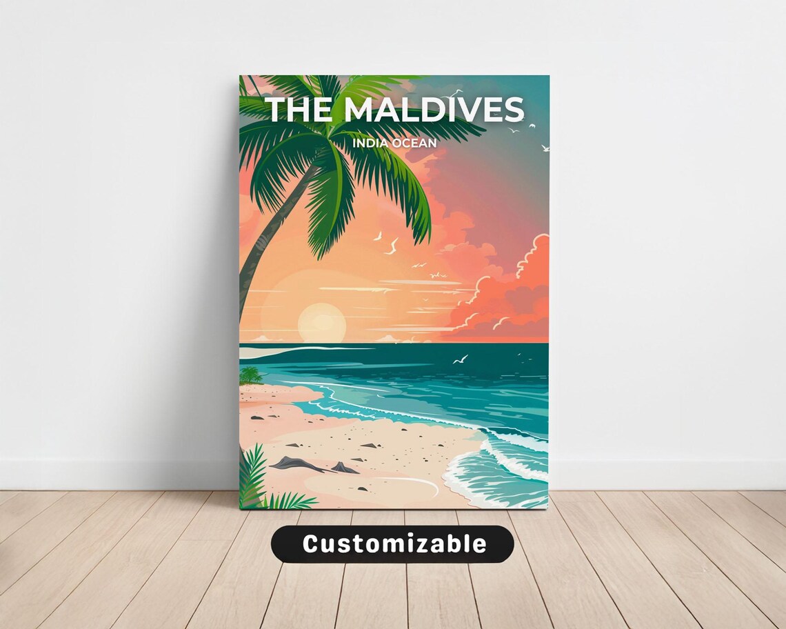 The Maldives Tropical Beach Sunset Paradise Travel Illustration Poster