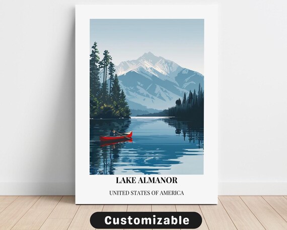 Serene Alpine Lake Almanor Canoeist Snowy Peak Lakeside Travel Poster