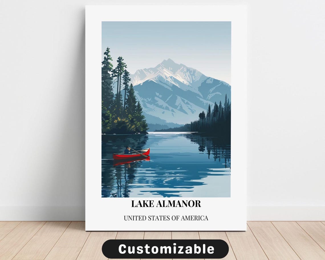 Serene Alpine Lake Almanor Canoeist Snowy Peak Lakeside Travel Poster