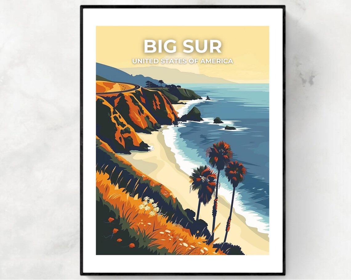 Big Sur California Coast Cliff Sunset Palm Vintage Travel Poster