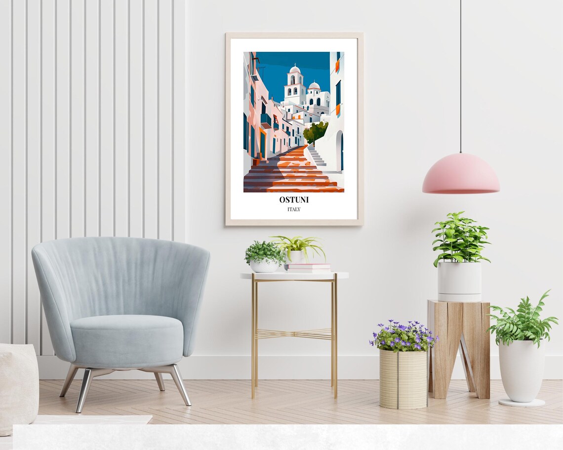 Ostuni Italy Staircase Poster with White Town and Bell Towers - Image 2