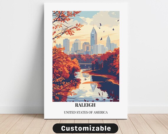 Raleigh Autumn City Skyline Travel Poster Fall Foliage River Reflection