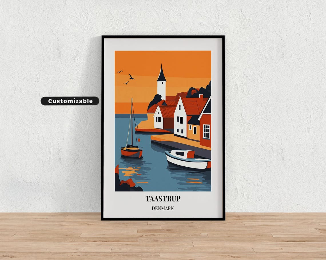 Taastrup Denmark Sunset Harbor Sailboats Orange Sky Travel Poster