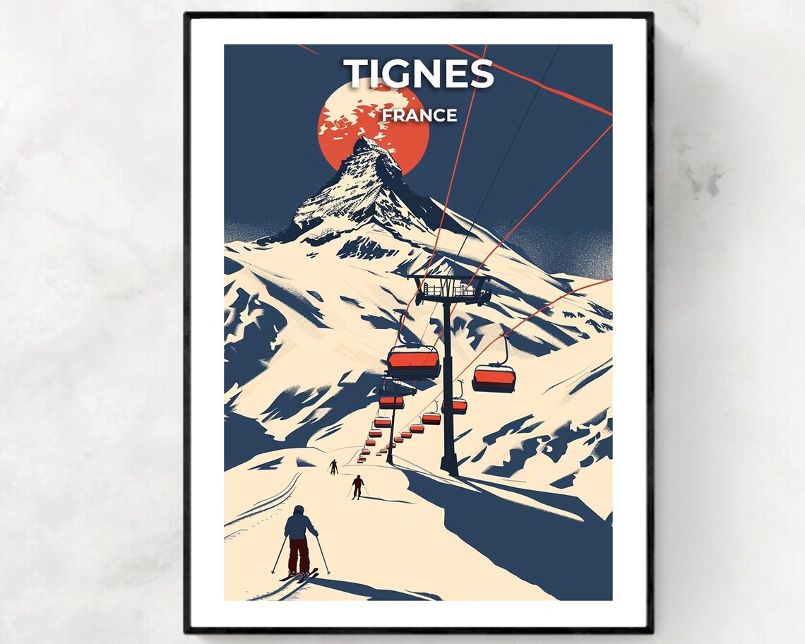 Tignes France Ski Resort Gondolas Sunset Retro Poster Design