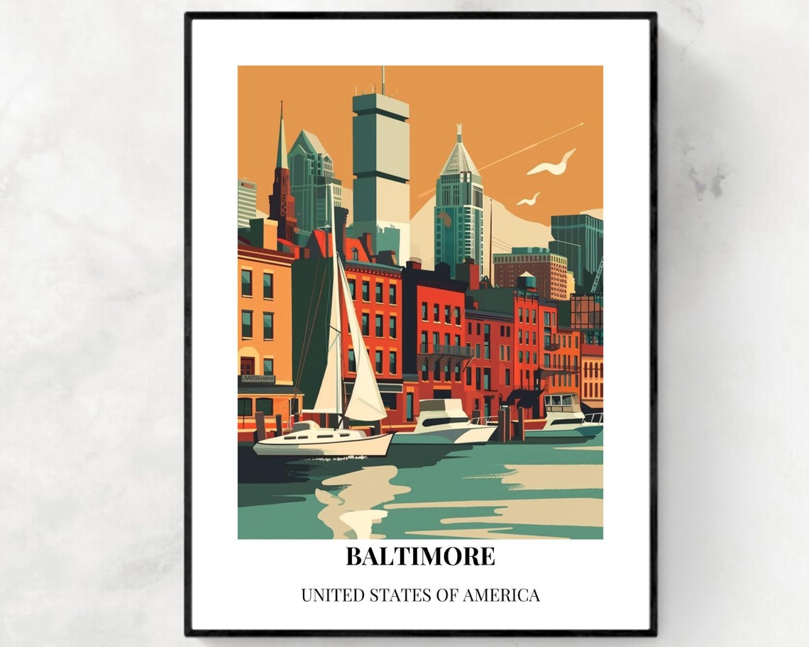 Baltimore Harbor Sailboats Brick Waterfront Bottom Title Travel Poster