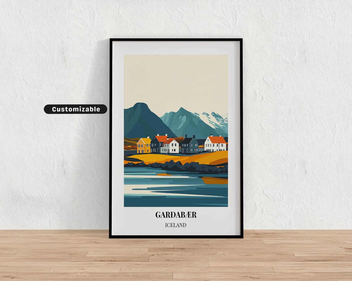 Garðabær Iceland Seaside Village and Mountains Custom Travel Poster