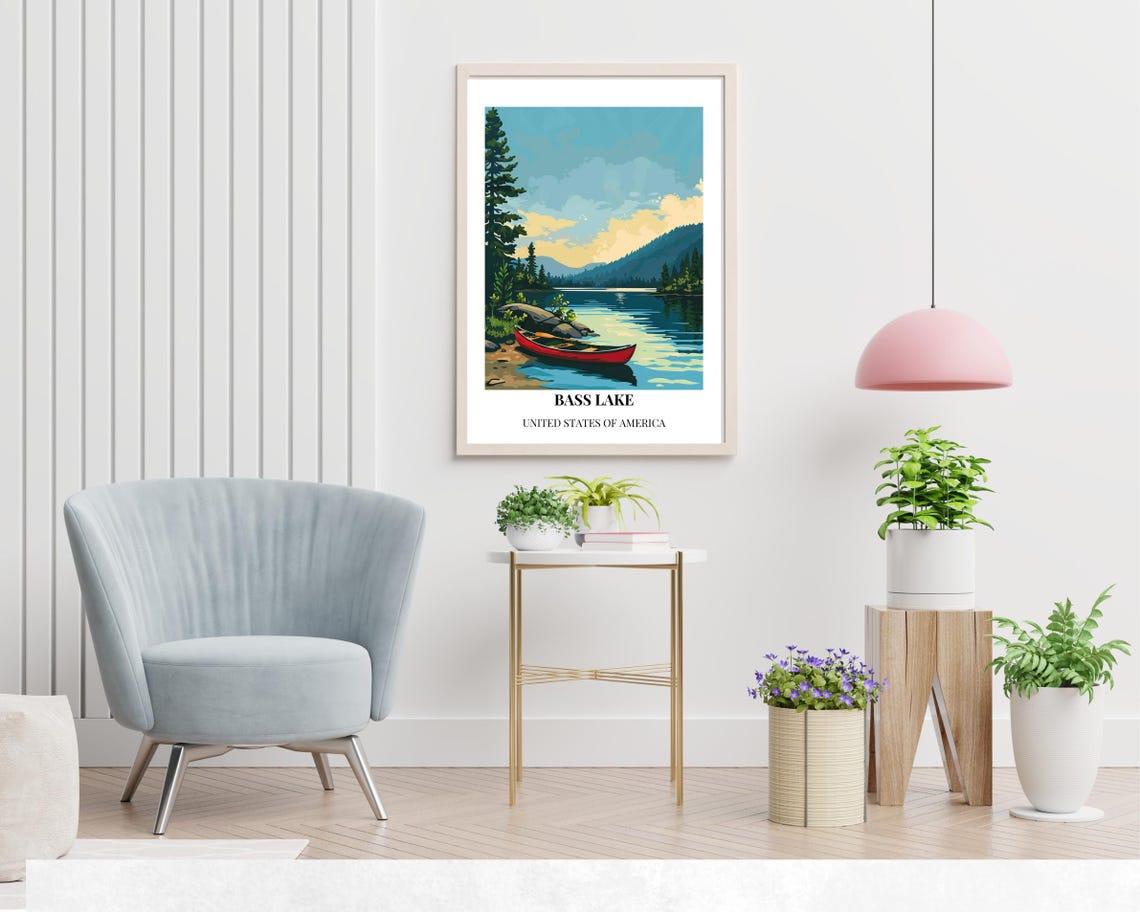 Bass Lake Red Canoe Still Pine Forest Calm Water Travel Poster - Image 2