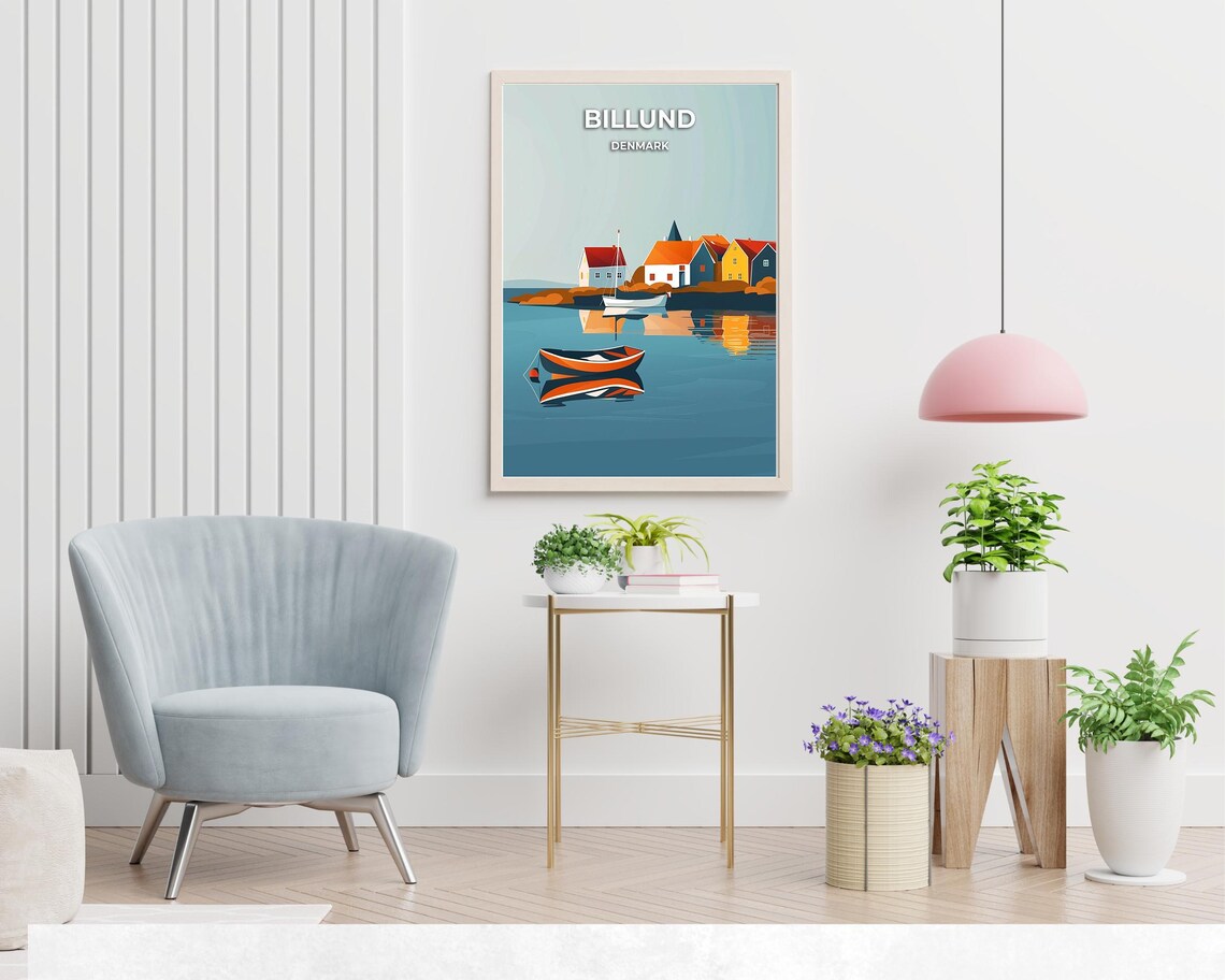 Billund Denmark Harbor Reflections Red Houses Sailboats Poster - Image 2