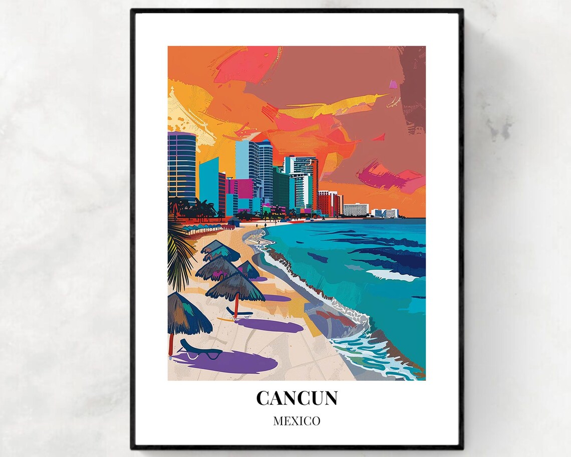 Cancun Mexico Sunset Beach Resort Skyline Colorful Travel Poster