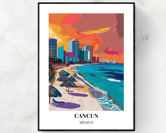 Cancun Mexico Sunset Beach Resort Skyline Colorful Travel Poster