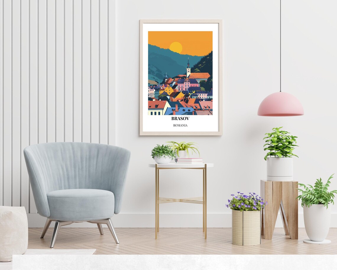 Brasov Romania Colorful Old Town Sunset Church Steeple Travel Poster - Image 2