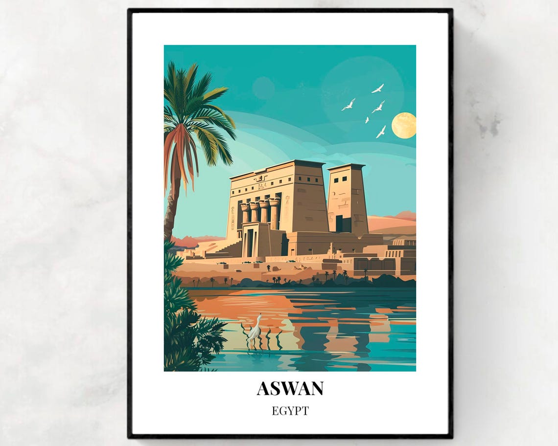 Aswan Egypt Philae Temple Nile Reflection Daytime Travel Poster
