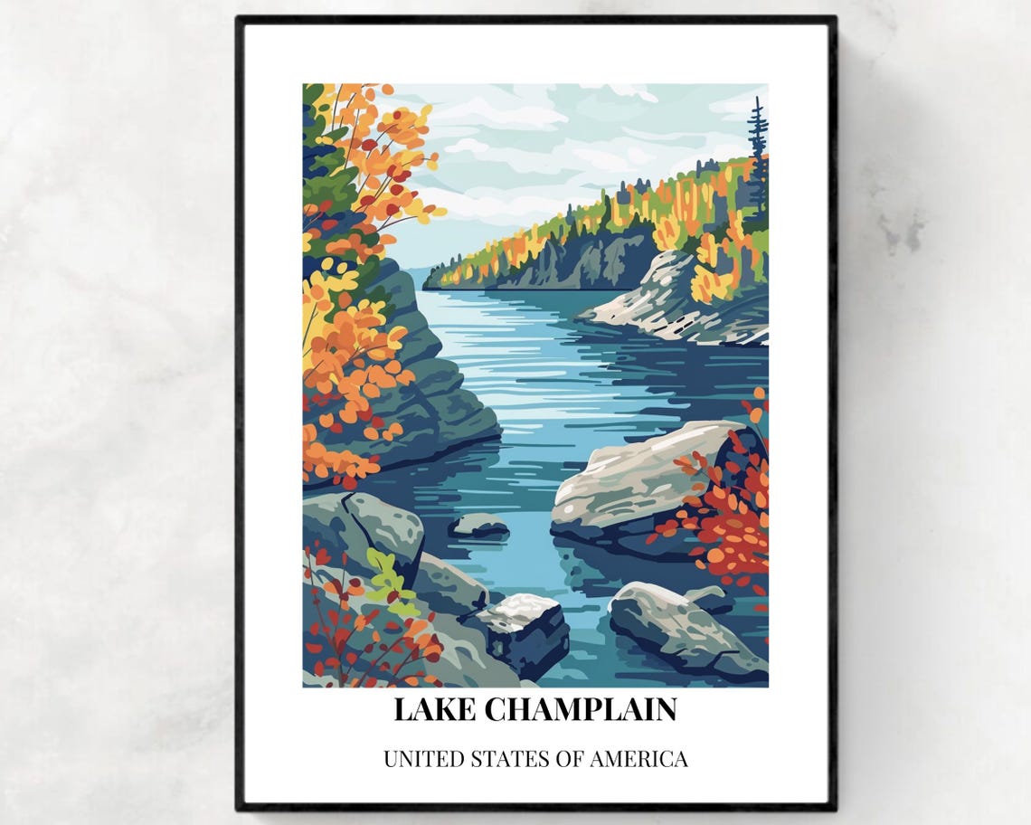 Lake Champlain Rocky Shore Autumn Forest Vintage-Style Travel Poster