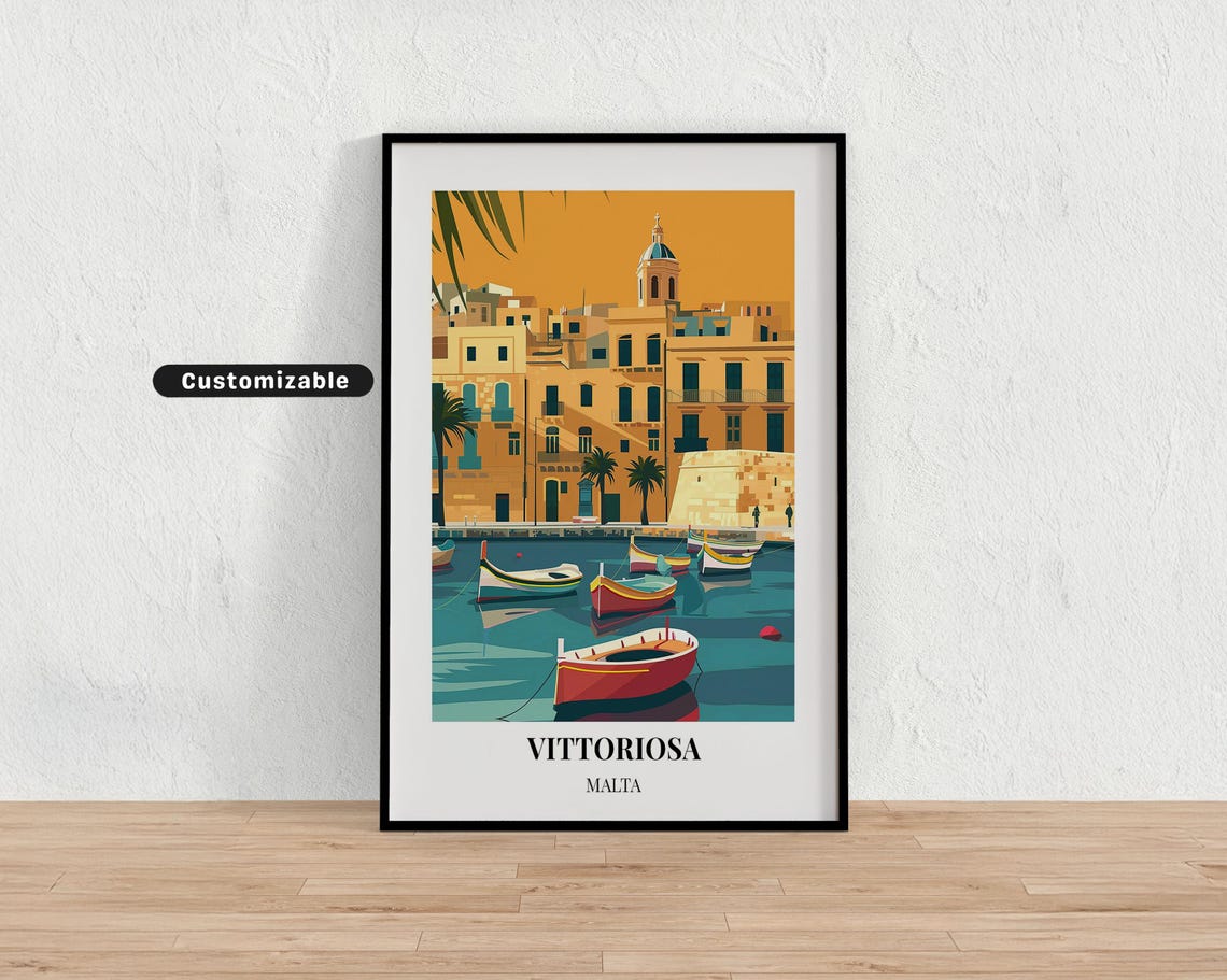 Vittoriosa Malta Harbor Colorful Boats Mediterranean Waterfront Poster
