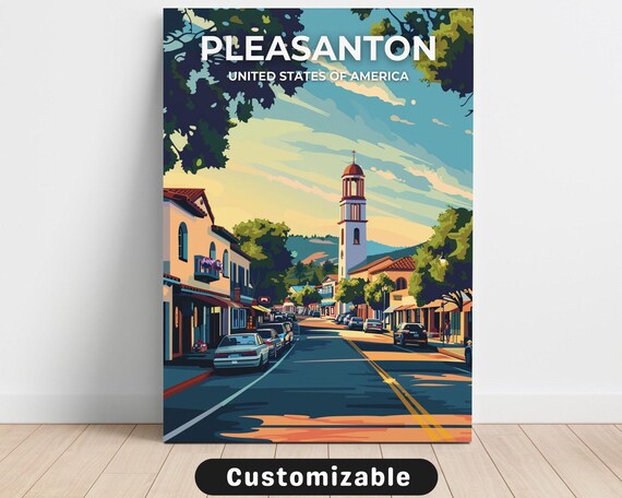 Pleasanton USA Historic Main Street Bell Tower Vintage Travel Poster